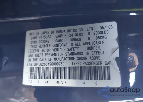 2009 Acura Tsx из США, поврежденный, VIN JH4CU26649C009769